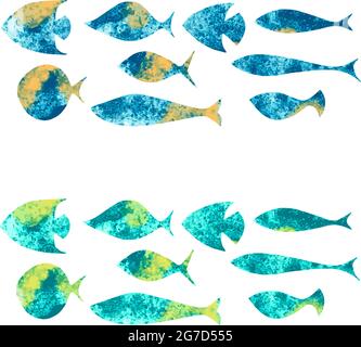 Satz von Fischen mit einer abstrahierten ungewöhnlichen Färbung in Blau- und Grüntönen. Vektorgrafik Stock Vektor