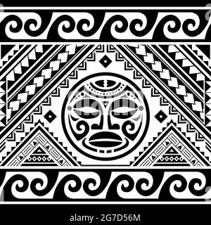 Polynesische ethnische nahtlose geometrische Vektor-Muster mit Maori Gesicht Tattoo-Design und Wellen, hawaiianische Tribal Ornament Stock Vektor