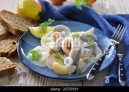 Salzige Heringfilets mit Apfelscheiben, Zwiebelringen und Joghurt-Sahnesauce Stockfoto