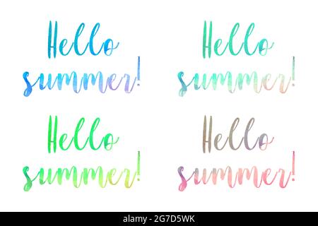 Hello Summer Lettering Aquarell, Handzeichnung. Aquarell Buchstaben Hintergrund, isoliert, weißer Hintergrund. Vektorgrafik Stock Vektor