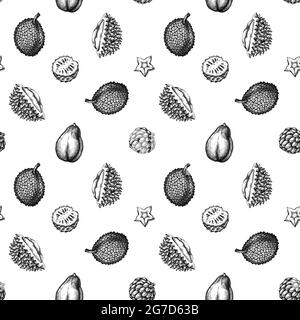 Nahtloses Muster mit schwarzer und weißer Papaya, Starfruit, Durian, Jackfruit, Zucker-Apfel, soursop Stock Vektor