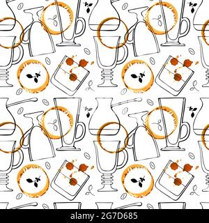 Muster-Kritzelgläser für Kaffeegetränke und Whiskey, Latte, irischen Kaffee, Kaffee-pute, Bohnen und Kaffeeprigs und Farbflecken, Handzeichnung. Vektorgrafik Stock Vektor