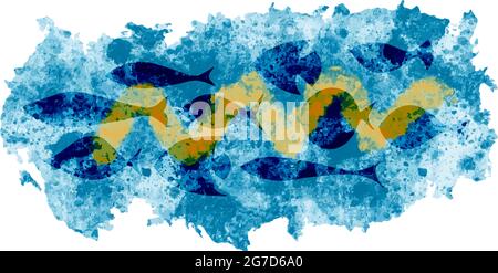 Meerblauer Hintergrund mit Fischen, Silhouette von Fischen, abstrakt, Seerot. Vektorgrafik Stock Vektor
