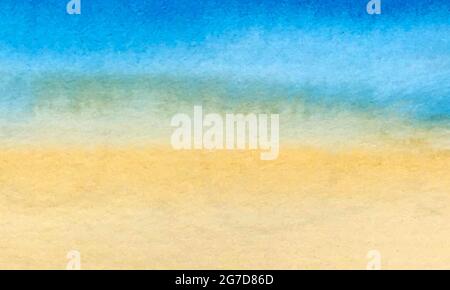 Aquarell Hintergrund: Meer Strand Meer Küste blau und gelb Sand und Wellen Ufer Surf Meer Schaum. Für Sommerbanner, Hintergrund, Hintergrund. Für Ihr Design. Stock Vektor
