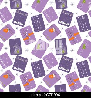Nahtloses Muster mit Neujahrsgeschenken, Geschenkverpackung mit Dekorelementen, auf weißem Hintergrund, Hintergrund, Banner, Verpackung, Textilien. Vektorgrafik Stock Vektor