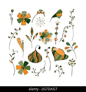 Herbst Set aus Blättern, Blumen, Zweigen und dekorativen Elementen im Stil des Kritzelns, Handzeichnung. Isolierter, weißer Hintergrund. Für Herbstdesign und Dekor. Vektorgrafik Stock Vektor