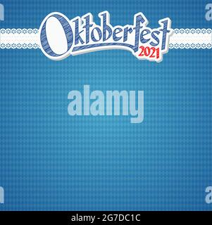 Oktoberfest Hintergrund mit blau-weißem Karomuster, Banner und Text Oktoberfest 2021 Stock Vektor