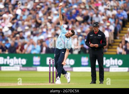 Der englische Craig Overton bowle beim dritten eintägigen internationalen Spiel in Edgbaston, Birmingham. Bilddatum: Dienstag, 13. Juli 2021. Stockfoto