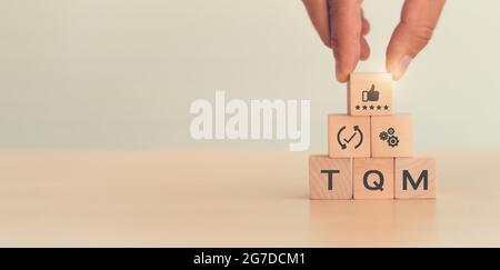 Total Quality Management (TQM) Konzept, Text und Icon auf Holzwürfeln mit hellem Hintergrund und Kopierraum. Ein Managementansatz für langfristigen Erfolg Stockfoto