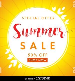 Sommer Verkauf kreative goldene Rahmen. Saisonales Werbeplakat, rote Schriftzüge, bis zu 50 % Rabatt auf Werbebanner für Unternehmen. Werbung für tropisches Resort Stock Vektor