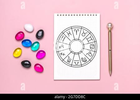 Horoskop-Kreis mit zwölf Tierkreiszeichen auf Papier, Weissagungswürfel, buntem Stein auf rosa Hintergrund Wahrsagerei und Astrologie-Vorhersagen Stockfoto