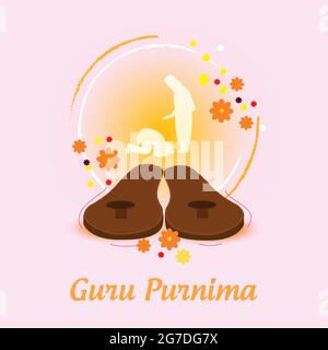 Illustration von Guru Purnima mit Gurus Paduka und Hintergrund ist geschmückt mit Guru, der seine Shisha segnet. Stock Vektor