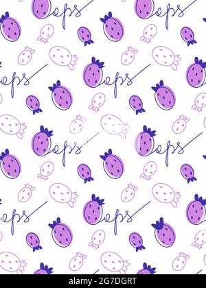 Doodle Purple Nahtloses Muster mit Erdbeerflecken und oops-Schriftzug. Erdbeerfrucht stilisiert für Textil, Cover, Hintergrund, Menü-Vektor-Illustration Stock Vektor