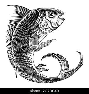 Seefisch springen Hand zeichnen Vintage Gravur Stil schwarz und weiß Clip Art isoliert auf weißem Hintergrund Stock Vektor