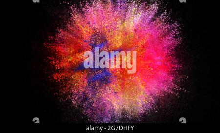 3D-Darstellung einer bunten Explosion von farbigen Partikeln auf schwarzem Hintergrund. Heller Hintergrund für Ihre Präsentation, Nachrichten oder Werbung. Scatt Stockfoto