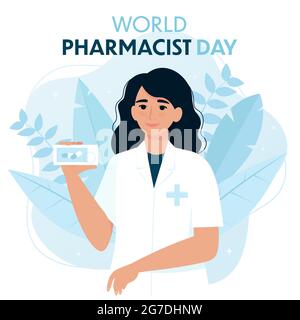 Tageskarte für Apotheker der Welt mit Apothekerin. Vektorgrafik im flachen Stil Stock Vektor