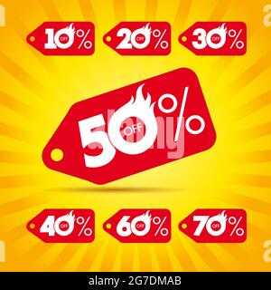 Set von Sommer Verkauf farbigen Etiketten. Farbige saisonale Schilder-Kollektion, Schriftzug 10, 30, 50 % Rabatt auf gerahmte Werbung, rote, orange runde farbenfrohe Tropi Stock Vektor