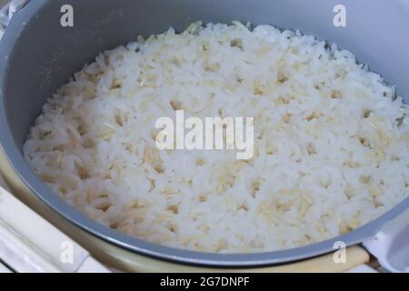 Frisch gekochter Reis befindet sich noch im elektrischen Reiskocher. Stockfoto