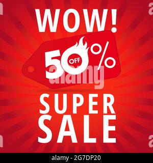 Sommer Verkauf Papier, kreative Zahl. Saisonale Werbung, rotes Farbposter, Schriftzug Fiery 50, Werbebanner für Unternehmen. Wow super Verkauf Werbevorlage. Stock Vektor