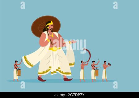 Mythischer König von Kerala, Mahabali, der während des Onam Festivals mit Menschen unterwegs ist, die Schlaginstrumente spielen Stock Vektor