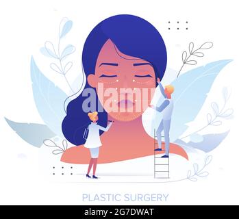 Doktor plastischer Chirurg zeichnet Schnittlinien mit Marker auf weiblichem Gesicht, Vektordarstellung. Plastische ästhetische Chirurgie Stock Vektor