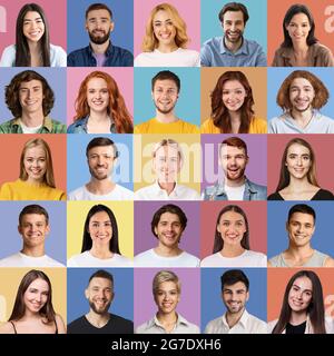Fröhliche multiethnische junge Menschen Porträts, Satz von Fotos Stockfoto