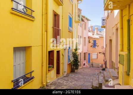 Frankreich, Pyrenees Orientales, Cote Vermeille, Collioure, bunte Häuser in einer kleinen Straße // Frankreich, Pyrénées-Orientales (66), Collioure Stockfoto