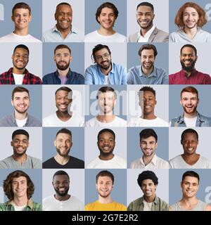 Verschiedene glückliche männliche Gesichter unterschiedlichen Alters, Satz von Fotos Stockfoto