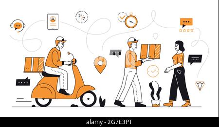 Lieferservice - moderne Liniendesign-Stil Illustration. Café, Restaurant oder Shop online, mobile App für die Bestellung von Waren. Paket, Kasten, Arbeiter, Frau, Stock Vektor