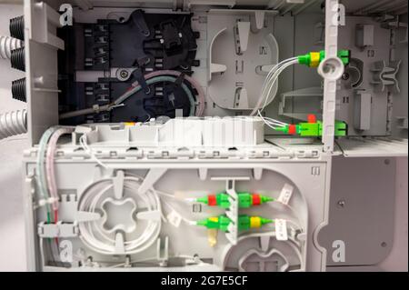 Nahaufnahme der Verkabelung der optischen Fasern im Verteilerkasten. Stockfoto