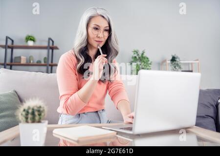 Profil Seite Foto von gealterten Frau Stift berühren Kinn denken konzentriert aussehen lesen durchsuchen Computer Laptop Programmierer drinnen Stockfoto