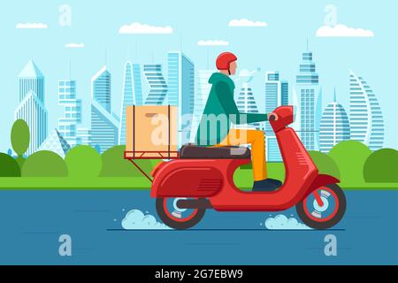 Schneller Intercity-Lieferservice-Kurier auf Motorroller. Express logistic männlich auf rotem Moped liefert Aufträge Paketkasten auf moderne Stadtlandschaft Straße. Vektor-eps-Illustration für Waren oder Lebensmittel Stock Vektor