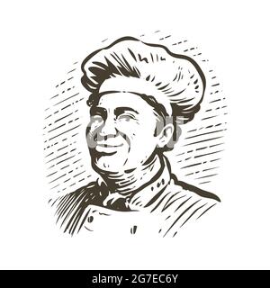 Portrait des Küchenchefs im Hut. Kochen Vintage Skizze. Illustration für die Gestaltung der Speisekarte eines Restaurants oder Diners Stock Vektor