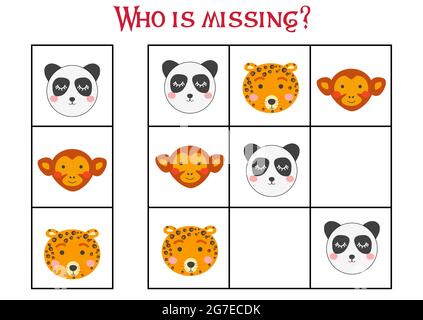 Sudoku Spiel für Kinder mit Bildern. Kinder Aktivität Blatt. Niedliche afrikanische Tiere Schnauze Stock Vektor
