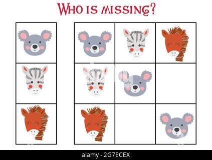 Sudoku Spiel für Kinder mit Bildern. Kinder Aktivität Blatt. Niedliche afrikanische Tiere Schnauze Stock Vektor
