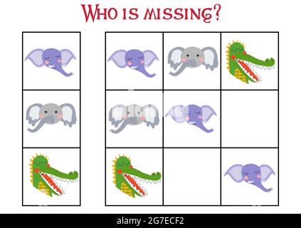Sudoku Spiel für Kinder mit Bildern. Kinder Aktivität Blatt. Niedliche afrikanische Tiere Schnauze Stock Vektor