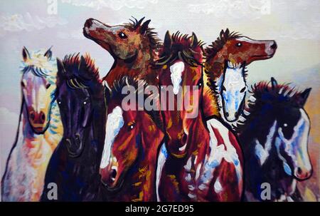 Handgemalte Original-Meisterwerke des Impressionismus Maler Kunst Ölmalerei Pferd und Pony im Zoo Stockfoto