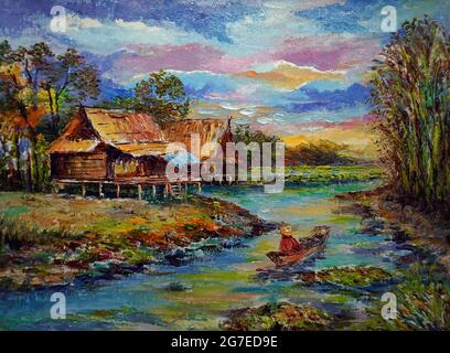 Kunst Malerei Ölfarbe Hütte , Thailand Landschaft Stockfoto