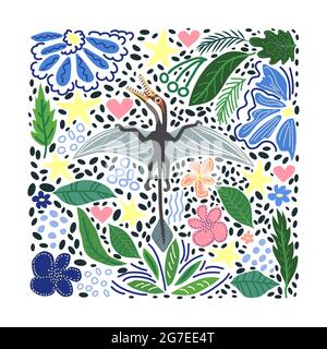 Flying Ramforkhin, prähistorische Dinosaurier Sammlung. Uralte Tiere. Von Hand gezeichnet. In einem Rahmen aus Blumen und Blättern Stock Vektor