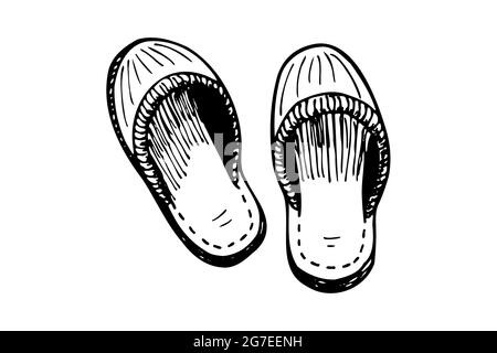 Schlafender Slipper Paar handgezeichnete Skizze. Startseite bequeme Schuhe Paar schwarz und weiß Doodle. Schlafzimmer Hausschuhe Vektor isoliert eps Abbildung Stock Vektor