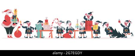 Weihnachtselfen Fabrik. Weihnachtsmann und Elfen packen Weihnachtsgeschenke, Weihnachtshelfer machen Weihnachten Geschenke Vektor-Illustration. Werkstatt der Weihnachtsmannelfen Stock Vektor