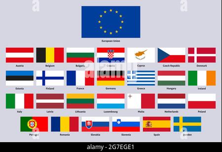Flaggen der Europäischen Union. Europa Union Industrieländer, Spanien, Deutschland, Griechenland und Finnland Vektor-Illustration-Set. Offizielle europäische Länderflagge Stock Vektor