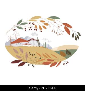 Niedliche Cartoon-Landschaft mit kleinem Dorf und bunten Kranz Stock Vektor