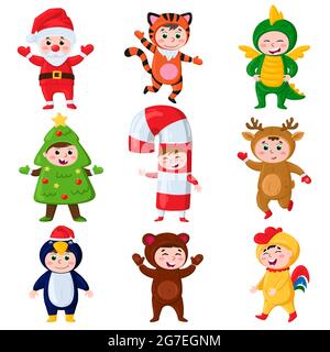 Cartoon Kinder tragen Weihnachtskostüme. Kinder in Karnevalsparty Rentier, Tannenbaum und Pinguin Kostüme Vektor Illustration Set. Kinder zu Weihnachten Stock Vektor
