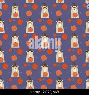 Nahtloses Muster mit Halloween Bär. Niedliches Tier im Hexenhut mit einem Kürbis Jack auf purpurem Hintergrund mit orangefarbenen Kürbissen. Vektorgrafik in f Stock Vektor