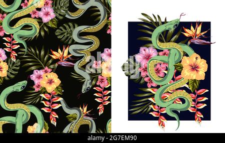 Satz von Illustration einer Schlange und Blumen, Abstraktionsmuster für den Druck auf Papier, Postkarten, Babykleidung, Bettwäsche, Textilien. Stock Vektor