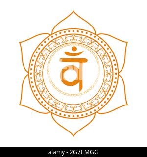 Linienzeichnung.das zweite Swadhisthana-Chakra mit dem Hindu-Sanskrit-Samenmantra VAM . Orange ist ein flaches Symbol für Meditation, Yoga. vektor Stock Vektor