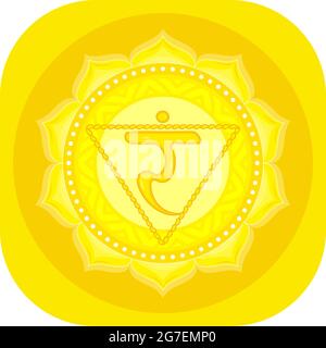 Das dritte Chakra von Manipur. Solar Plexus Chakra mit hinduistischem Sanskrit. Gelb ist ein flaches Symbol der Meditation, Yoga. Illustration Stockfoto