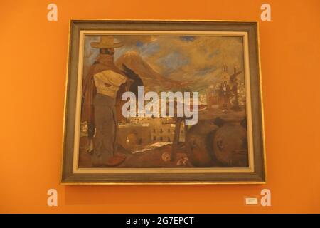 Kunstwerke im Dorf Arequipa Peru Malmütze Sombrero Bergkrüge Schalen Wolken Wetter stürmische Dorfhäuser Design Hügellandschaft Blick Umhang Stockfoto