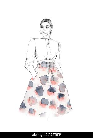 Handgemalte Illustration eines Mädchens mit einem vollständig bedruckten Rock, isoliert auf weißem Hintergrund Stockfoto